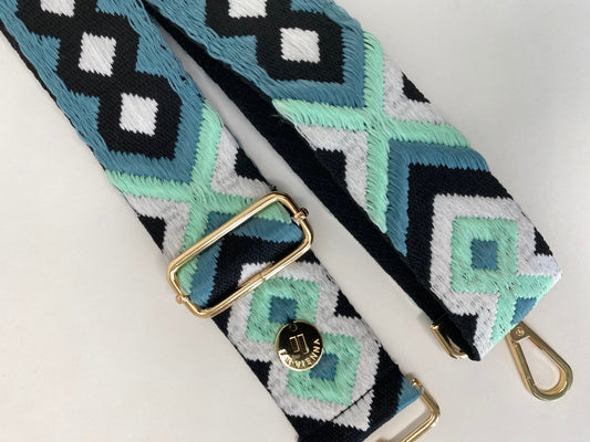 Shoulder Strap Bag 5cm Ethno Water green-black-white / gold hardware