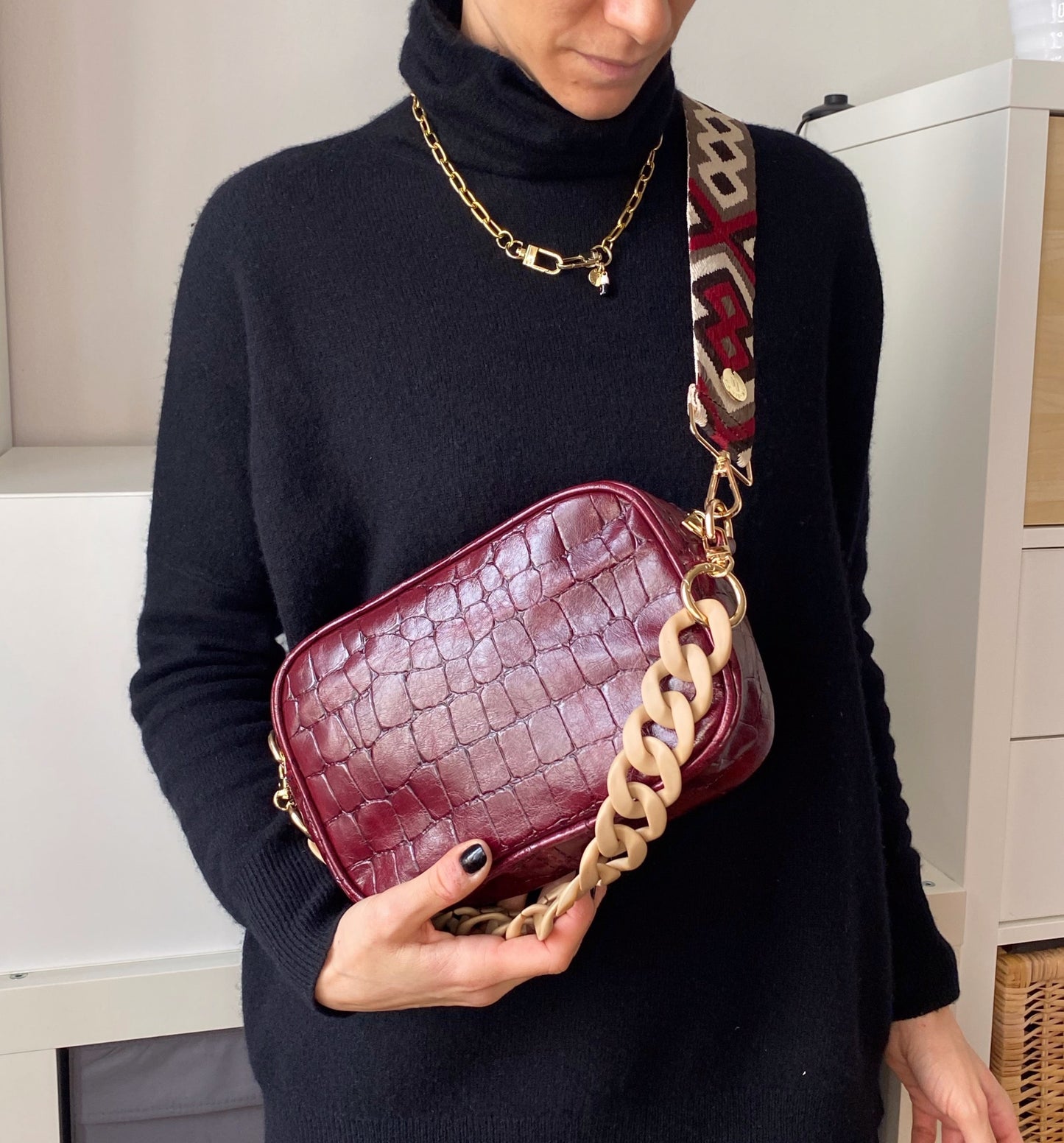 Shoulder Strap Bag Ethno embroidery burgundy-brown